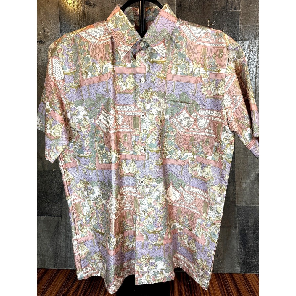 Thai Silk Mens Large Pink Village Scene Graphic Short Sleeve Shirt Silk Aloha